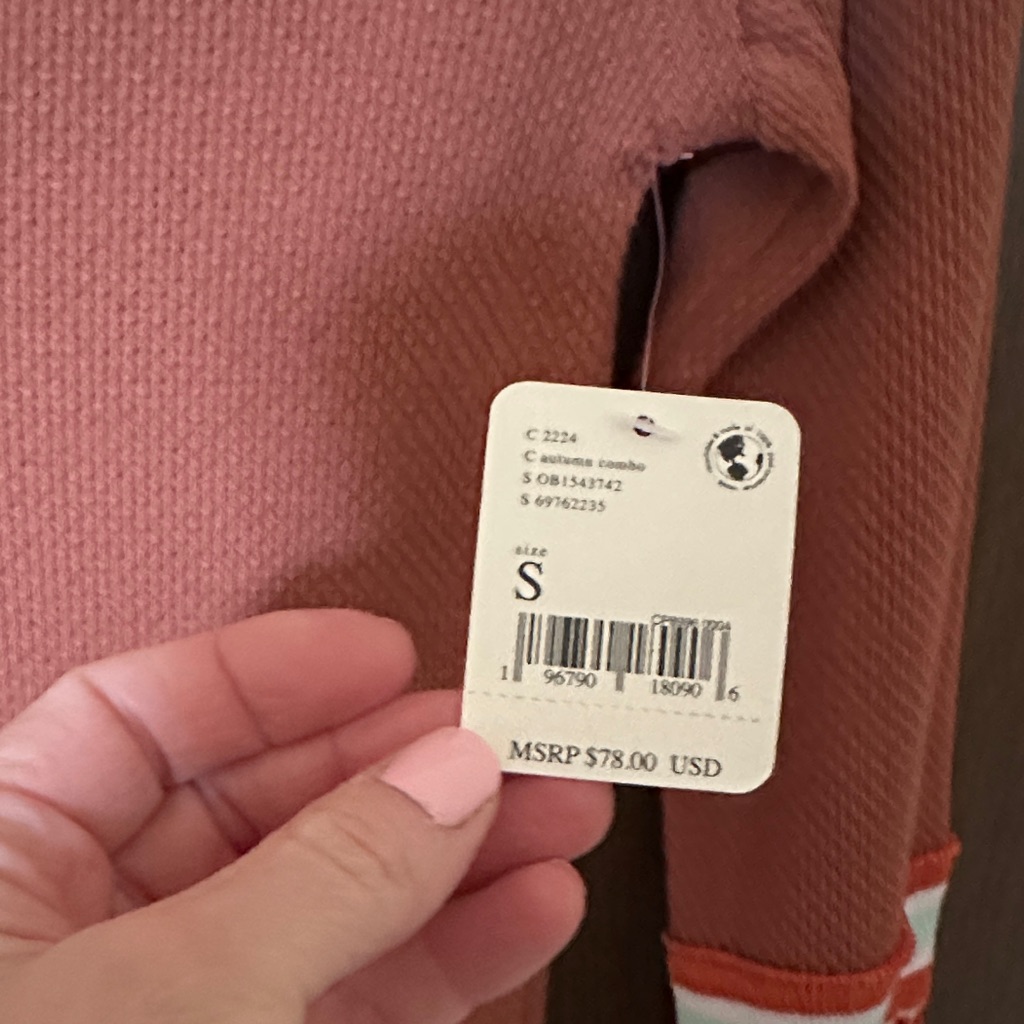 Free People Rust Pink Ribbed Henley Top With Patterned Cuffs